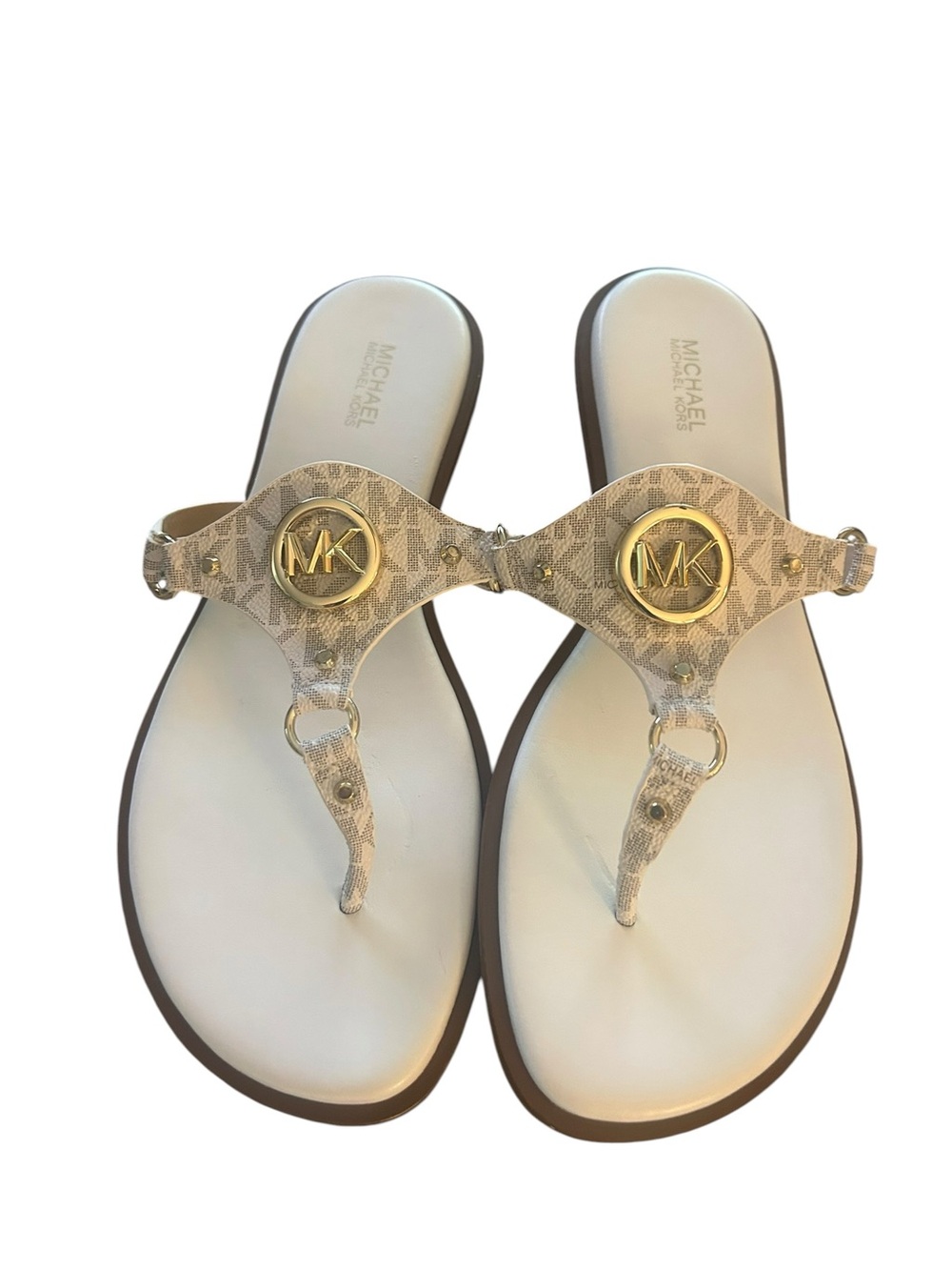 Michael Kors Signature Logo T-Strap Sandals featuring the iconic MK logo in gold